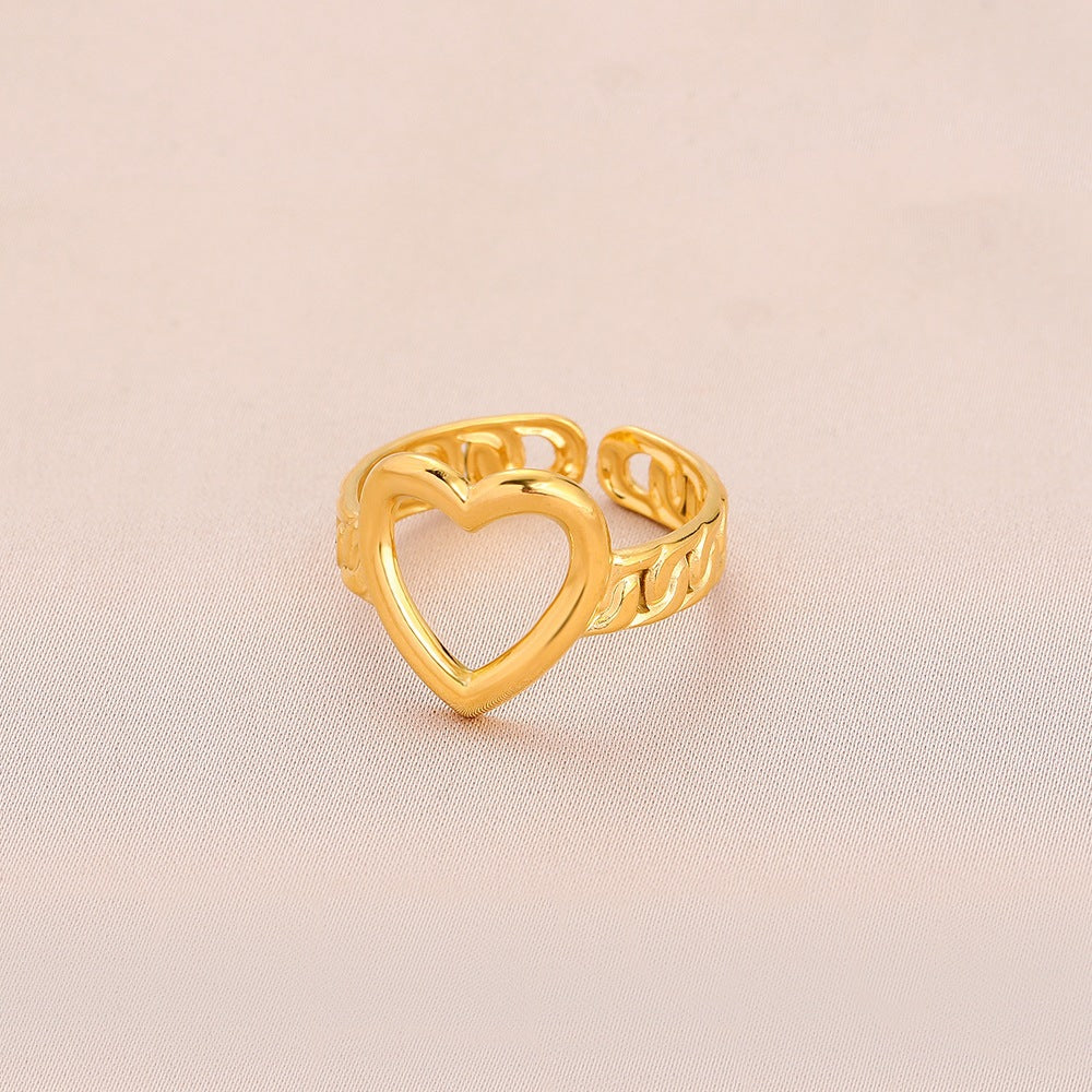 Fashion personality adjustable love stainless steel open ring simple feather leaf heart-shaped ring jewelry