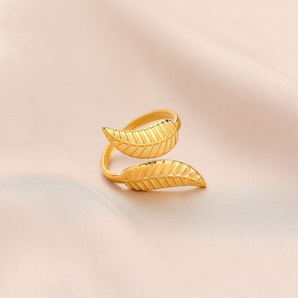 Fashion personality adjustable love stainless steel open ring simple feather leaf heart-shaped ring jewelry