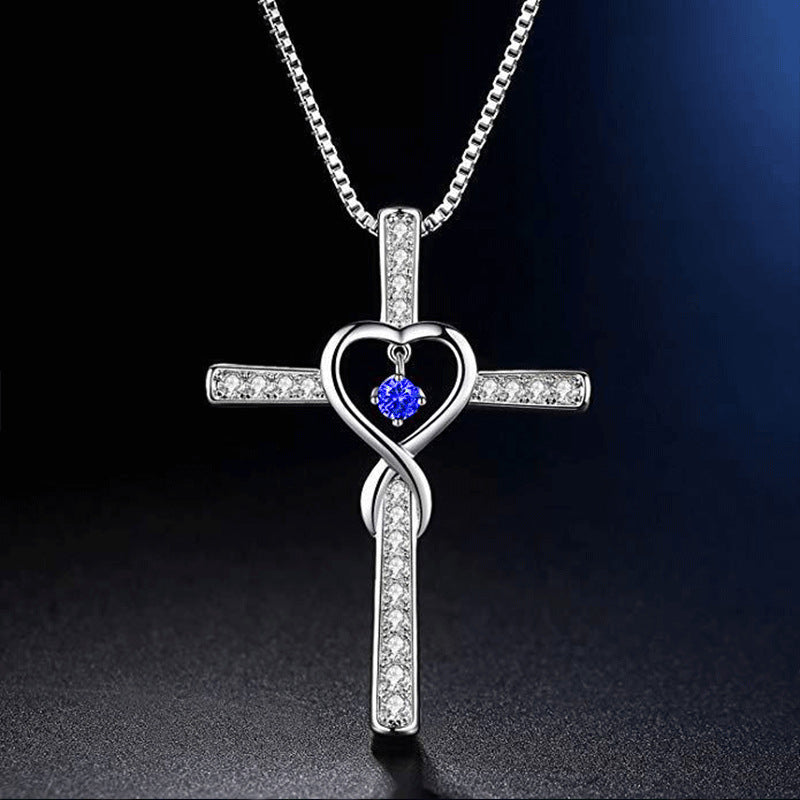 Fashion Cross Religious Belief Inlaid Zircon Pendant Necklace Heart Shape Necklace Jewelry