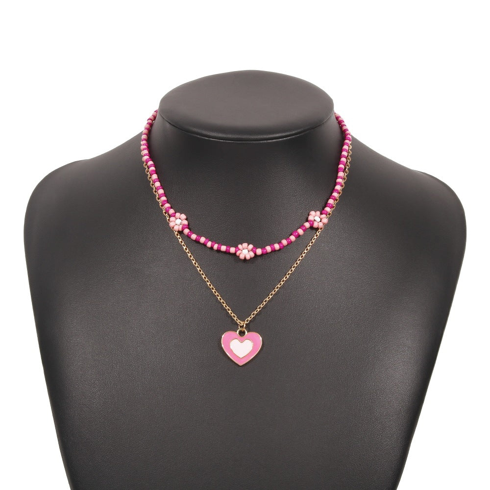 N9535 Double Layer Clavicle Necklace Drip Oil Heart Beads Flower Candy Color Necklace Geometric Creative Necklace