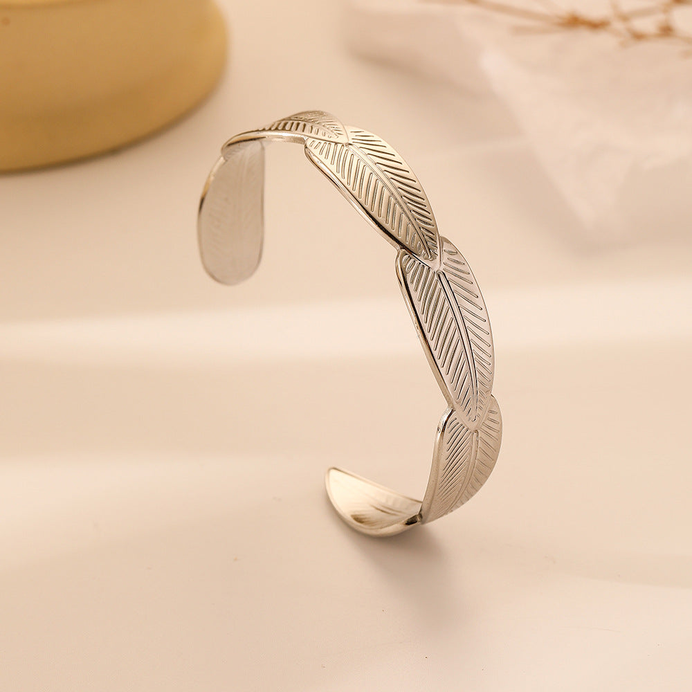 Fashionable high-end temperament stainless steel opening women's feather leaves all-match natural bracelet