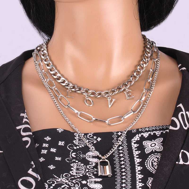 Jewelry multi-layer exaggerated creative chain necklace collarbone chain letter padlock-shaped necklace female