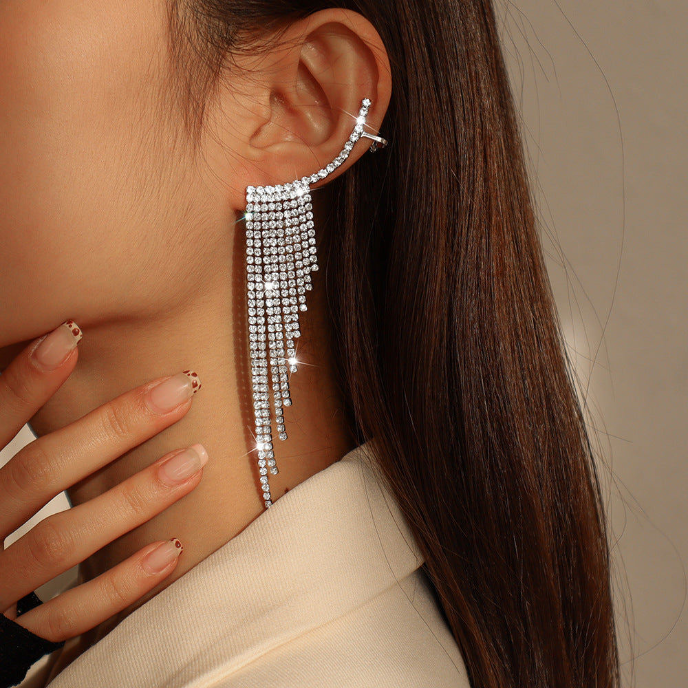 E1274 Temperament Simple Pop Earrings Net Red Tassel Rhinestone Ear Needles Geometric Banquet Exaggerated Earrings