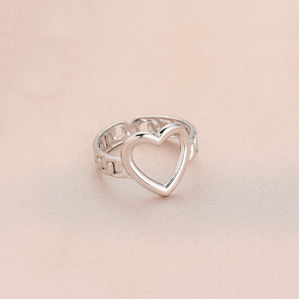 Fashion personality adjustable love stainless steel open ring simple feather leaf heart-shaped ring jewelry
