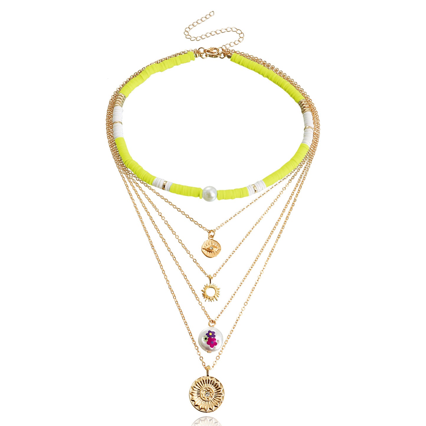 Jewelry Bohemian retro multi-layer color soft pottery geometric round pendant necklace female personality