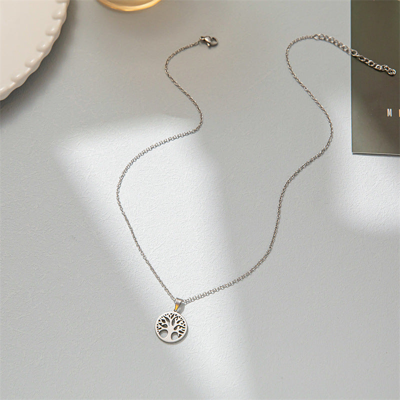 Stainless Steel Necklace Tree of Life Hollow Clavicle Chain Round Pendant Personalized Peace Tree Necklace