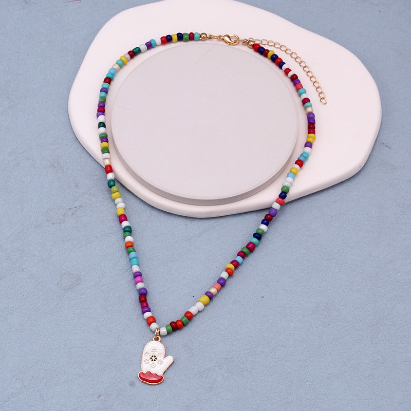 Christmas Ornament Fashion Drip Oil Pendant Christmas Tree Clavicle Chain Bohemian Colorful Handmade Rice Beads