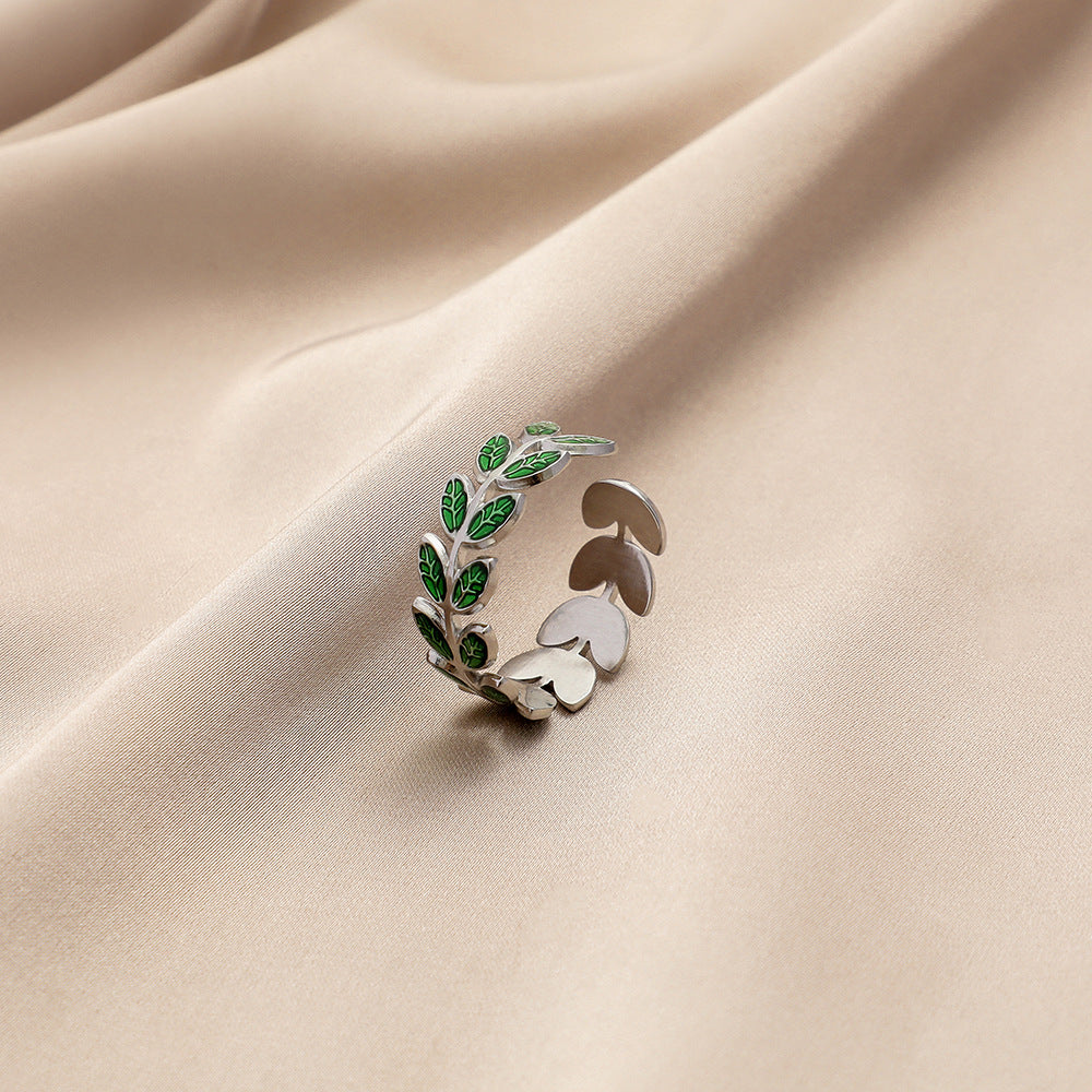 Fashion personality color drop oil flower feather stainless steel ring love titanium steel open ring jewelry