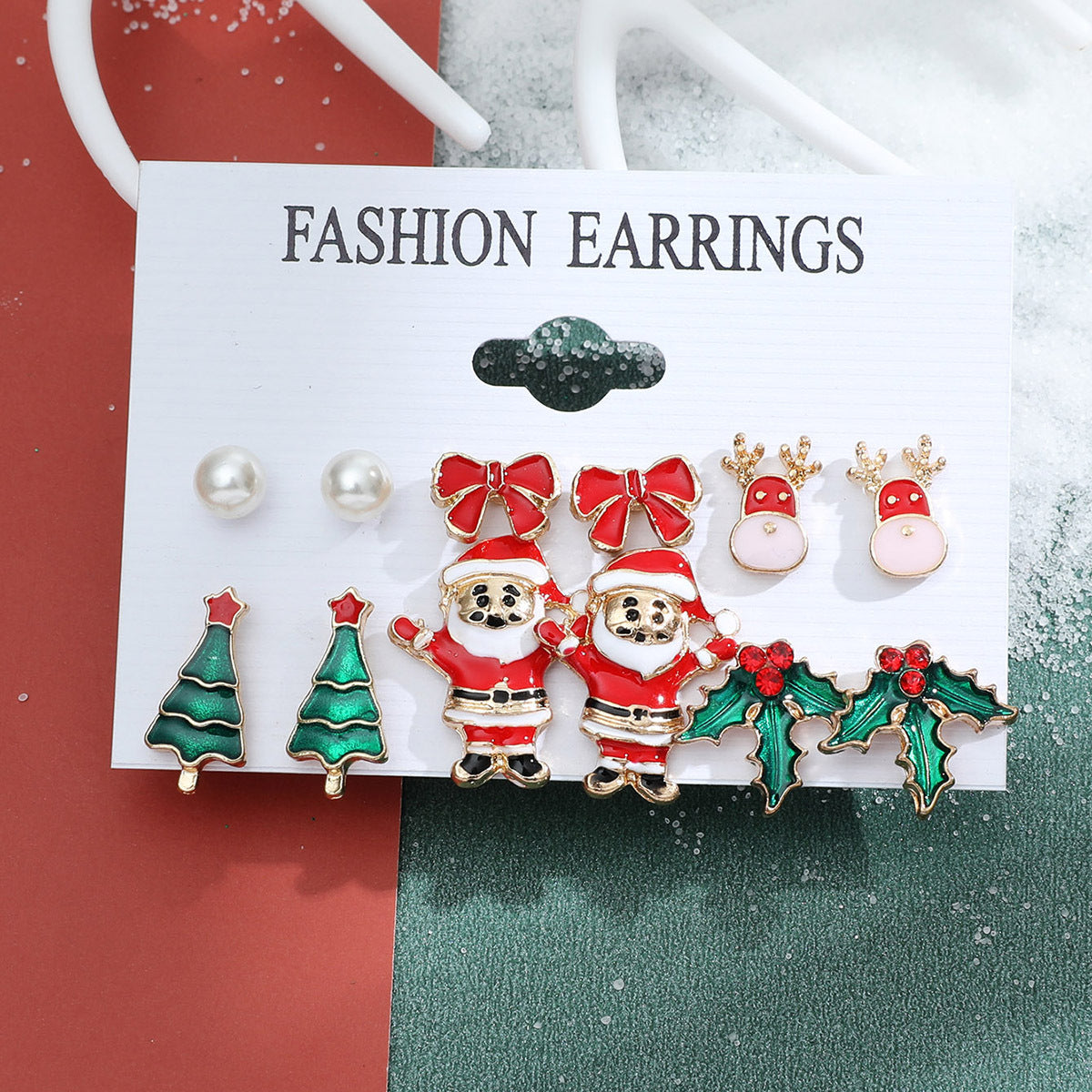Christmas series snowflake bell earrings combination set cartoon oil dripping cane old man earrings female