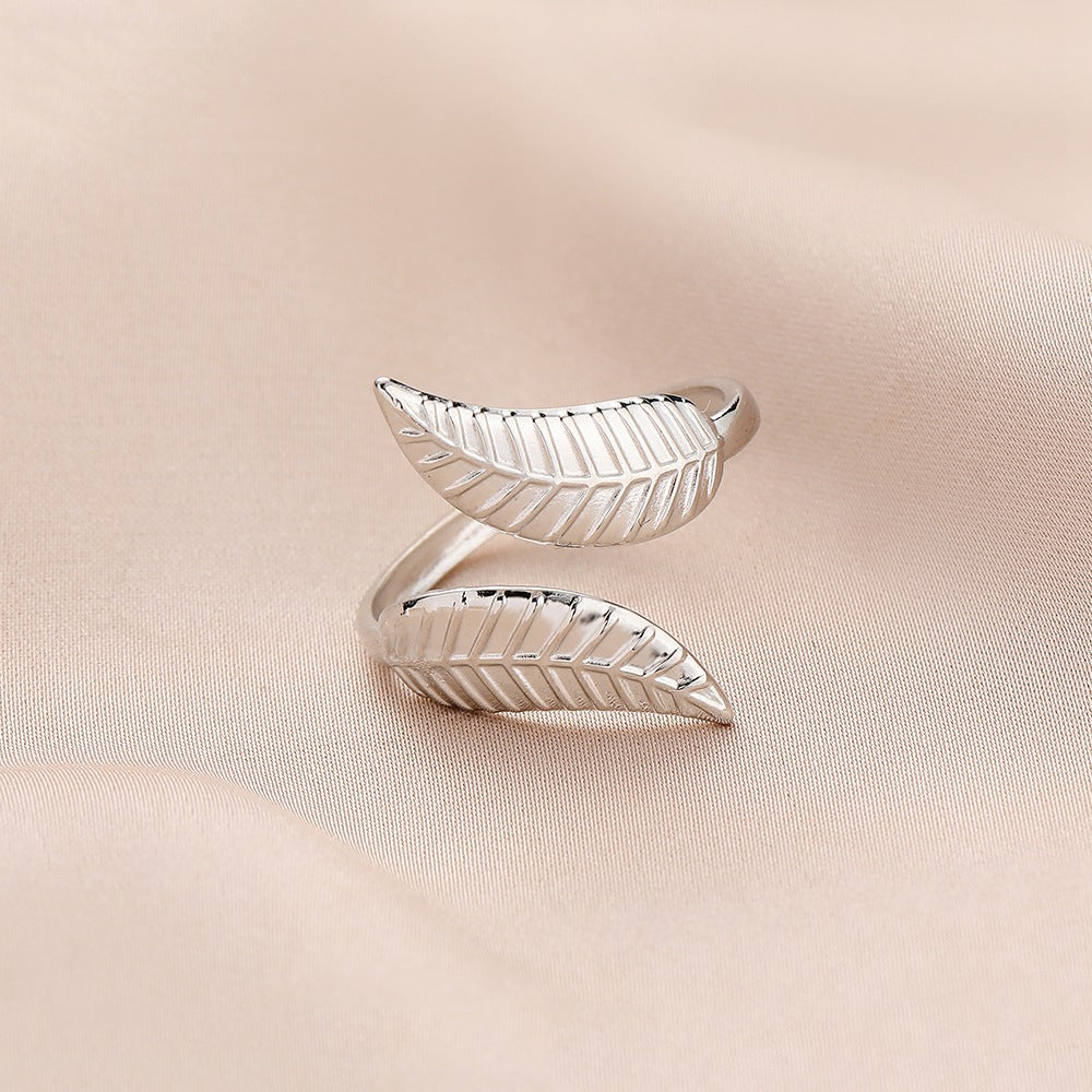 Fashion personality adjustable love stainless steel open ring simple feather leaf heart-shaped ring jewelry