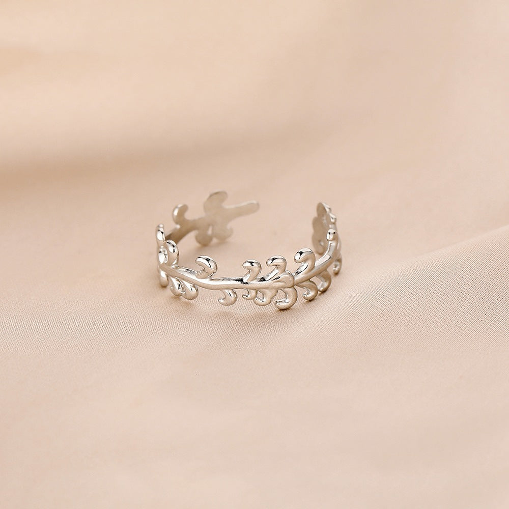 Fashion personality adjustable love stainless steel open ring simple feather leaf heart-shaped ring jewelry