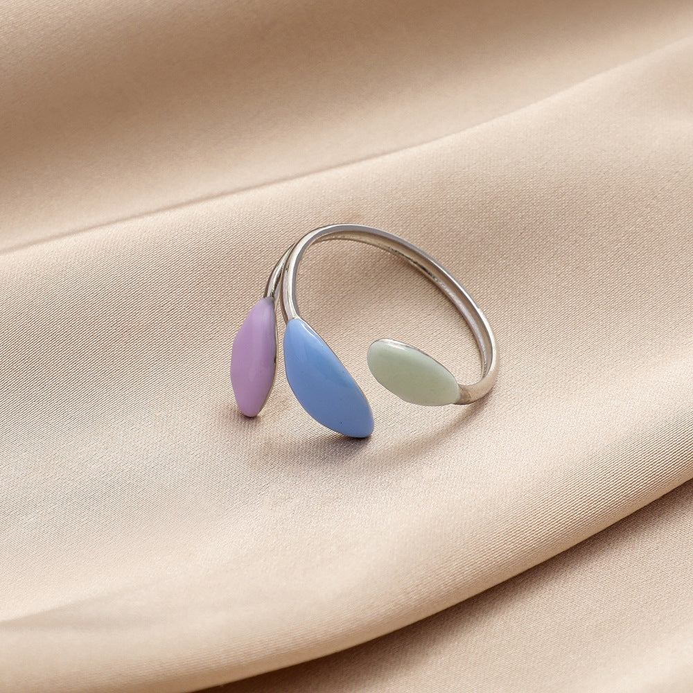 Fashion personality color drop oil flower feather stainless steel ring love titanium steel open ring jewelry