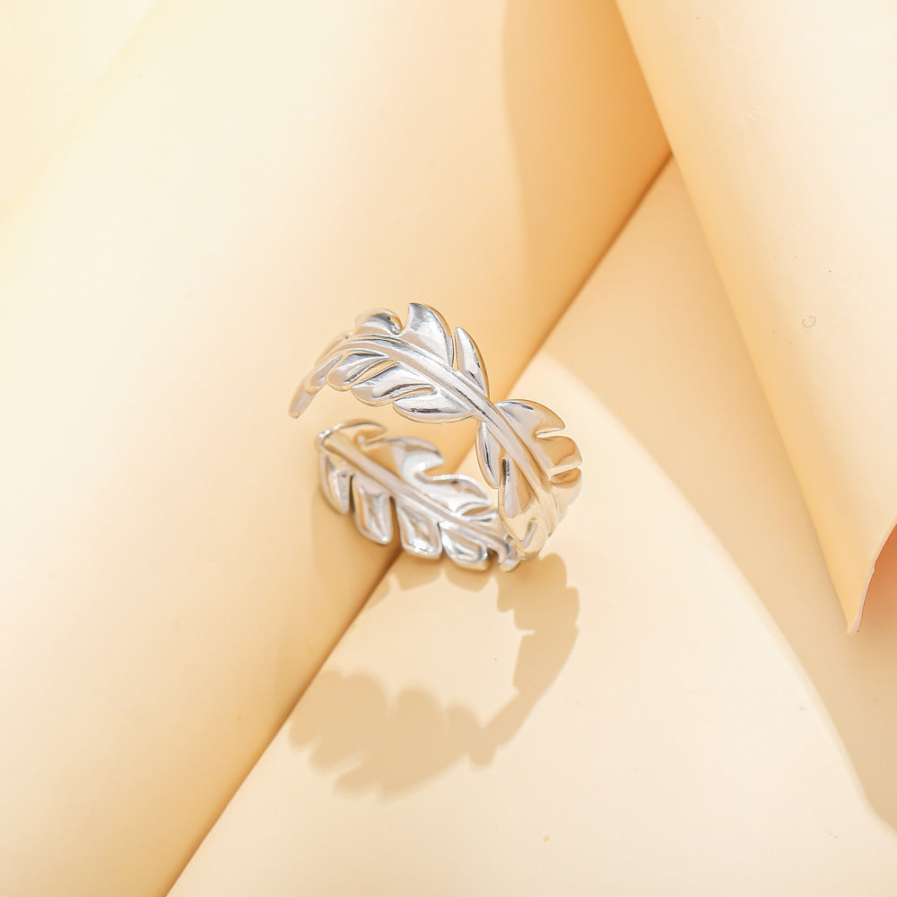 Fashion personality creative stainless steel open ring feather men and women titanium steel simple ins ring