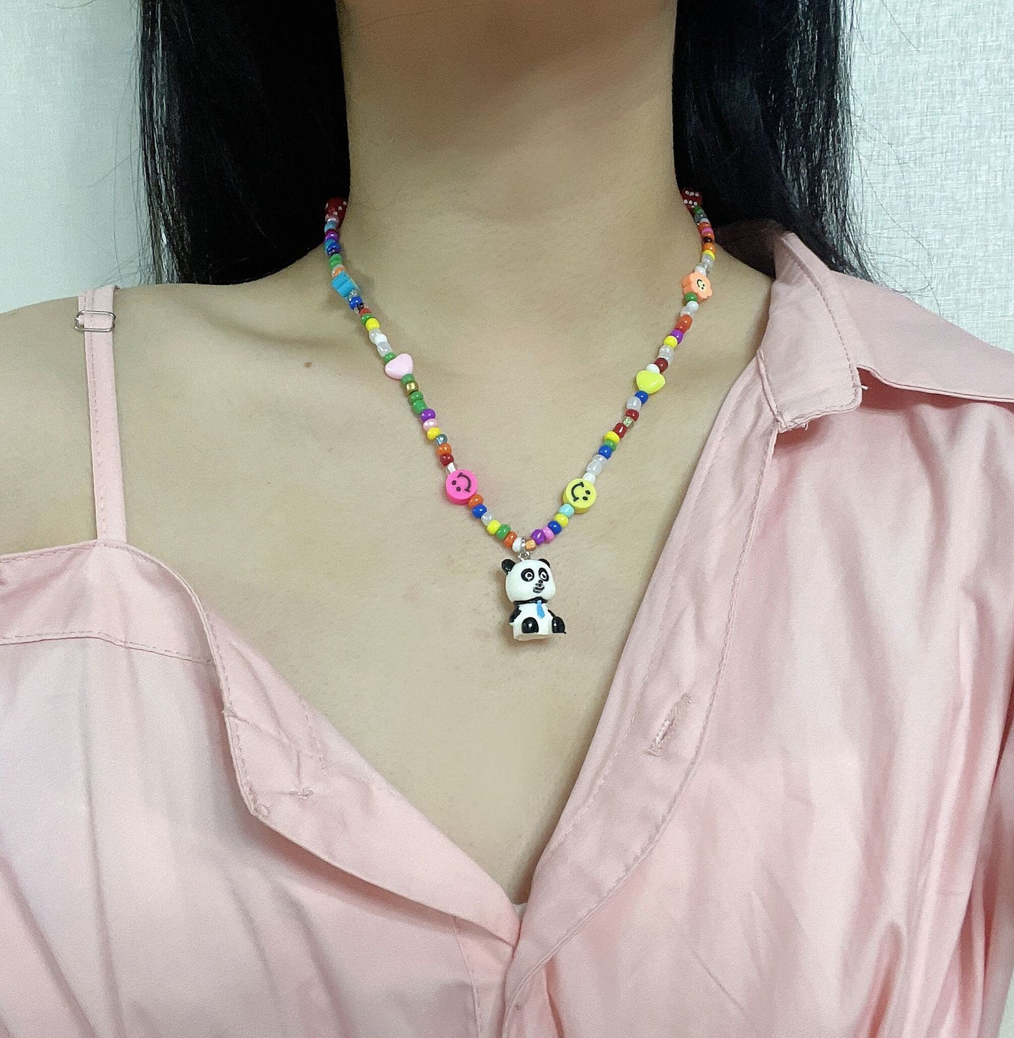 Ins niche design cartoon rainbow monster pendant rice bead necklace hip-hop all-match sweater chain trend style