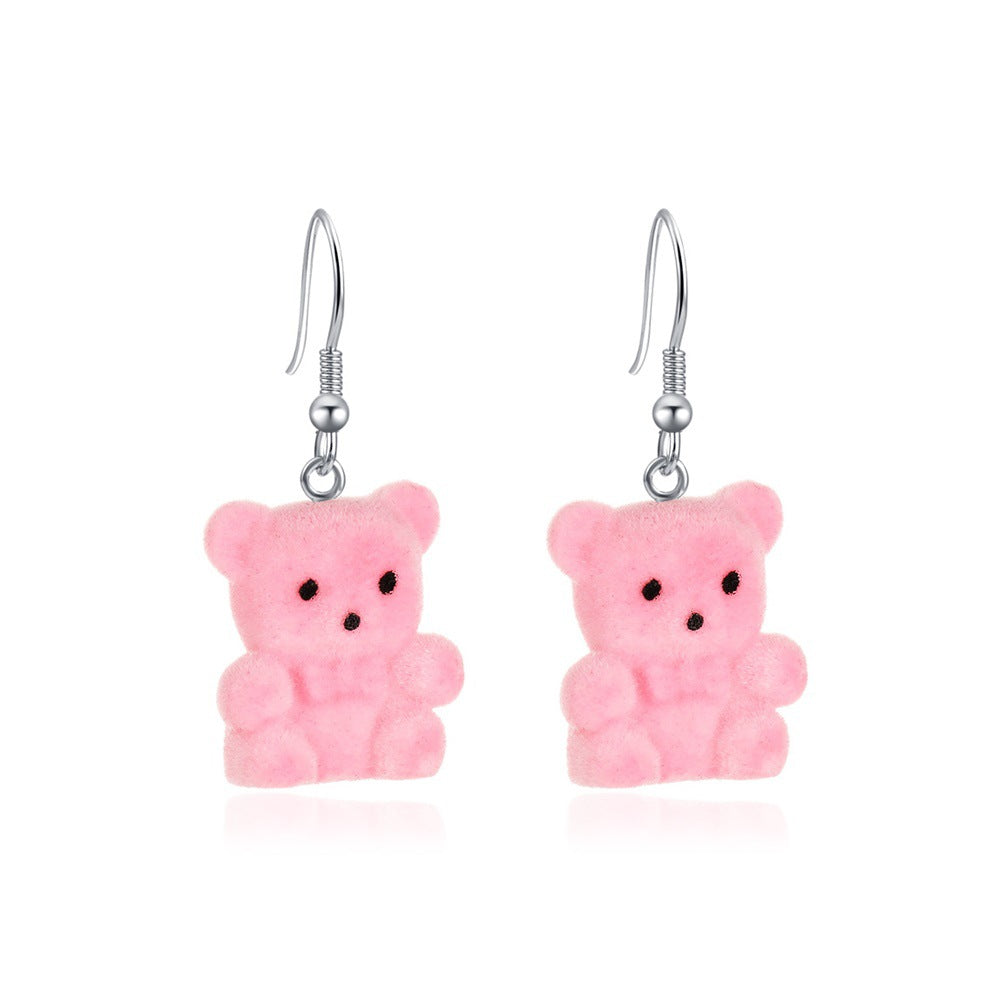 Cute flocking bear earrings cartoon girl earrings autumn and winter all-match net red plush small animal ear accessories