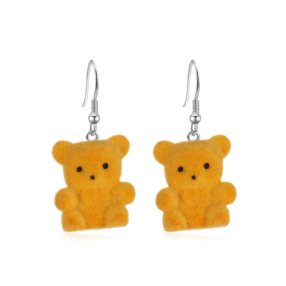 Cute flocking bear earrings cartoon girl earrings autumn and winter all-match net red plush small animal ear accessories