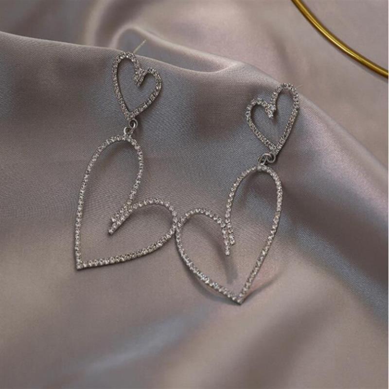 925 silver needles full of diamonds love design heart-shaped long stud earrings female exaggerated temperament net red fashion earrings