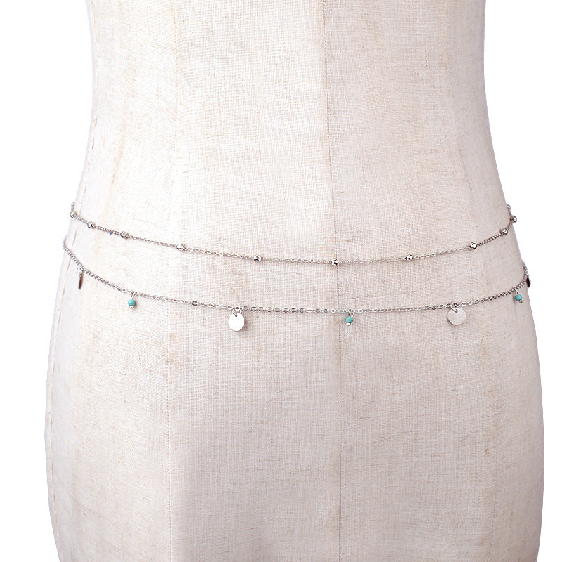 Versatile bead chain geometric body chain simple sequins turquoise pendant double waist chain women