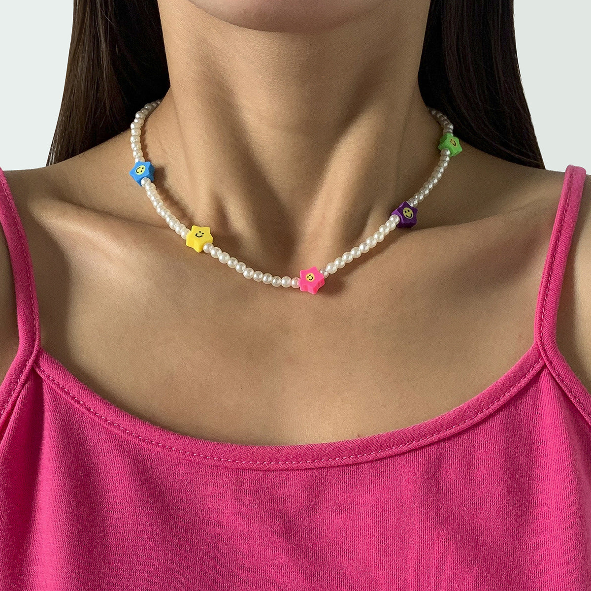 Ornament Imitation Pearl Beach Soft Pottery Clavicle Necklace Simple Butterfly Star Smiley Face Necklace