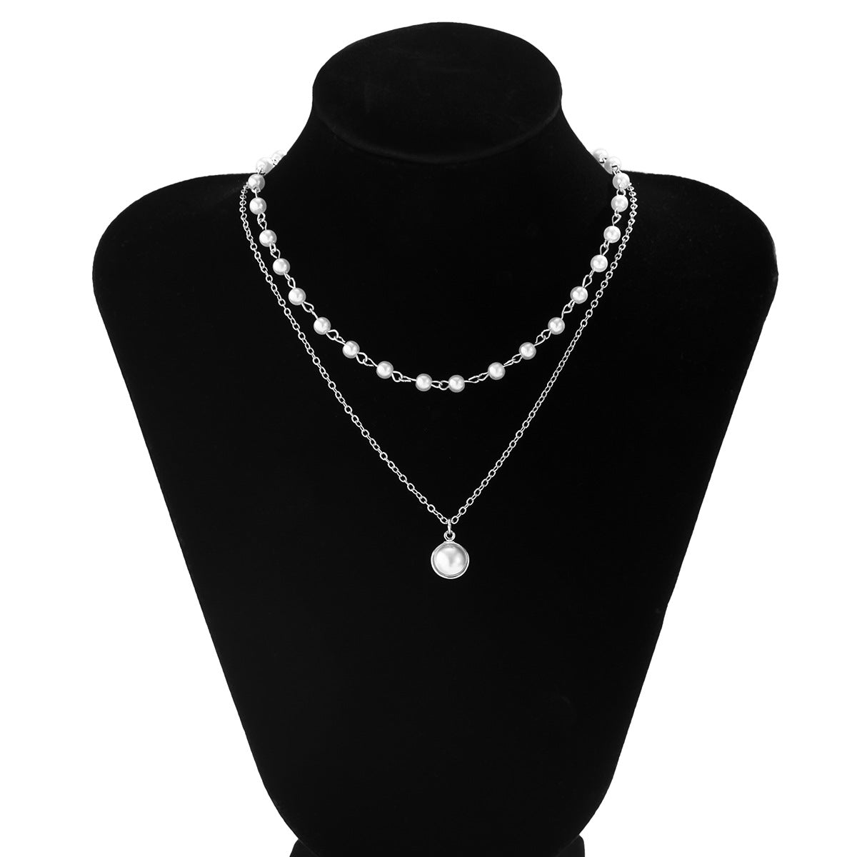 Jewelry Personality Round Pendant Thin Chain Necklace Simple Temperament Imitation Pearl Double Layer Necklace Female