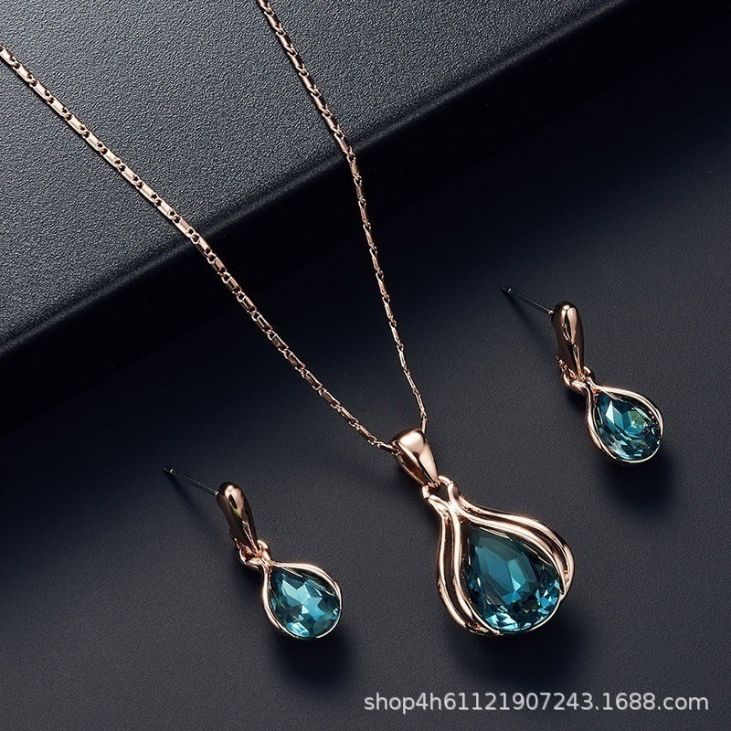 Fashion Women Blue Green Water Drop Shape Necklace Earrings Set Ornament Jewelry