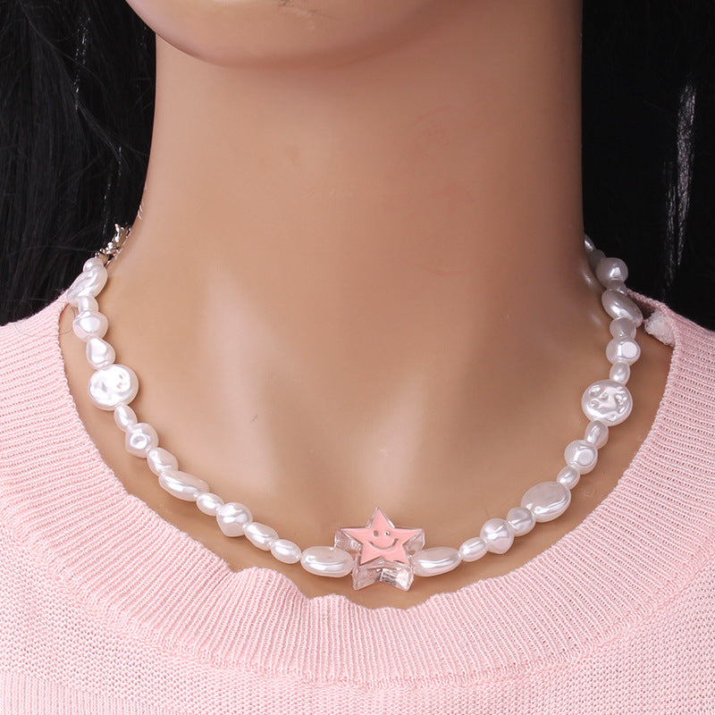 Ins temperament all-match acrylic dripping oil smiling face necklace baroque pearl chain fashion collarbone chain