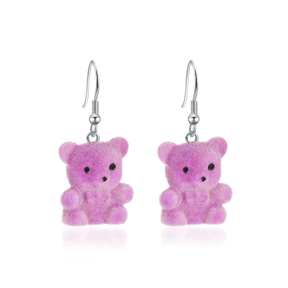 Cute flocking bear earrings cartoon girl earrings autumn and winter all-match net red plush small animal ear accessories