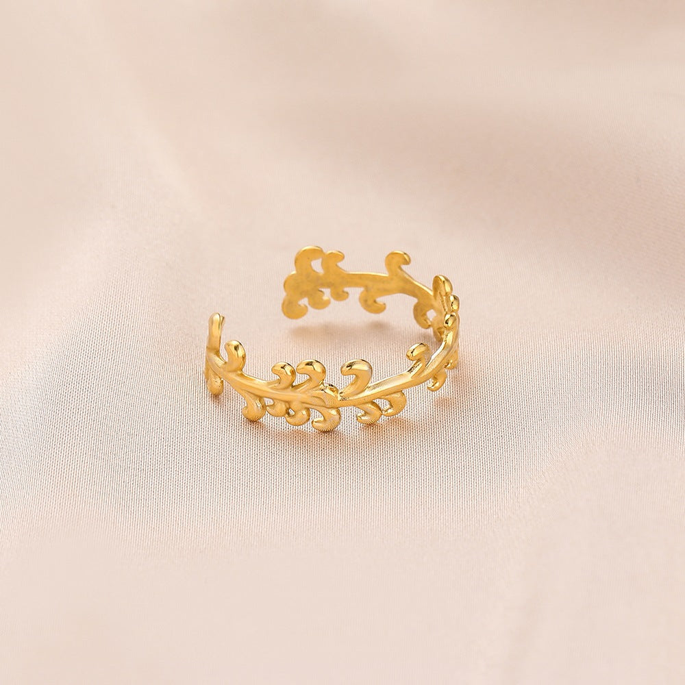 Fashion personality adjustable love stainless steel open ring simple feather leaf heart-shaped ring jewelry