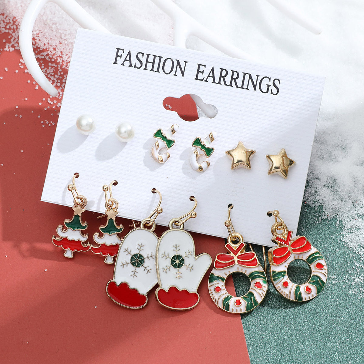 Christmas series snowflake bell earrings combination set cartoon oil dripping cane old man earrings female
