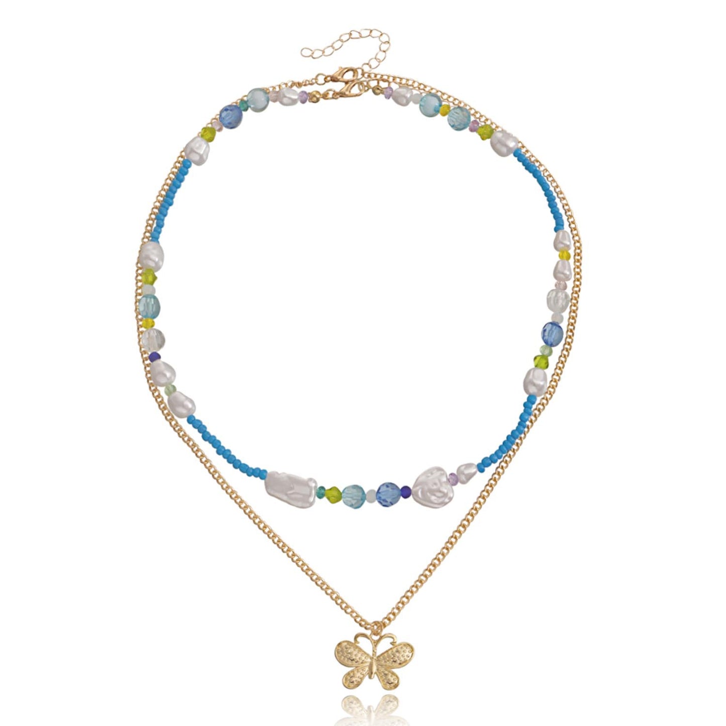 Jewelry Retro Metal Three-dimensional Butterfly Beads Necklace Women's Versatile Beaded Woven Pearl Necklace