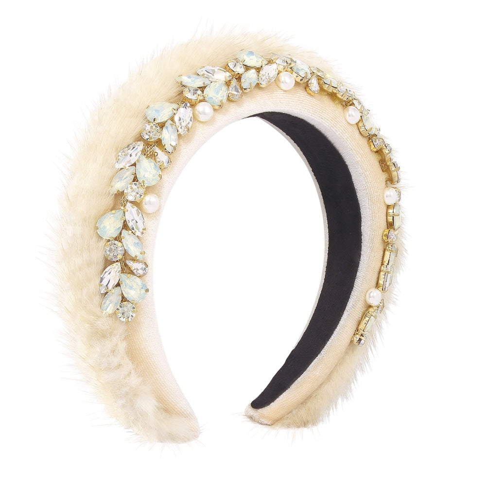 F3658 fabric mink hair ornament pearl catwalk retro hair hoop personalized heavy industry age-reducing head hoop