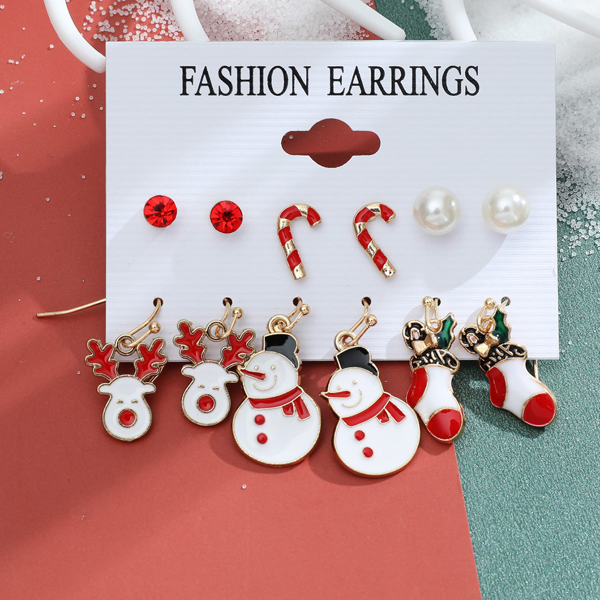 Christmas series snowflake bell earrings combination set cartoon oil dripping cane old man earrings female