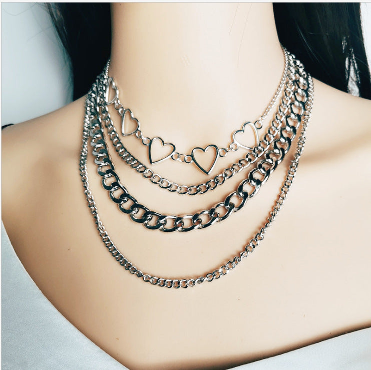 Jewelry Hip Hop Geometric Set Necklace Peach Heart Flat Thick Chain Hollow Multilayer Two-piece Necklace