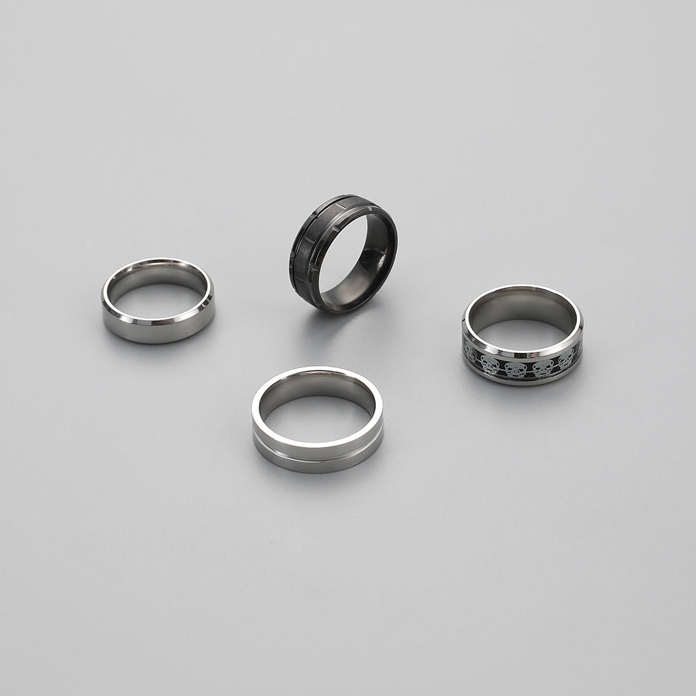 Fashion Simple Domineering Personality Trend Men's Stainless Steel Chain Stripe Black Drip Oil Ring Set Decoration