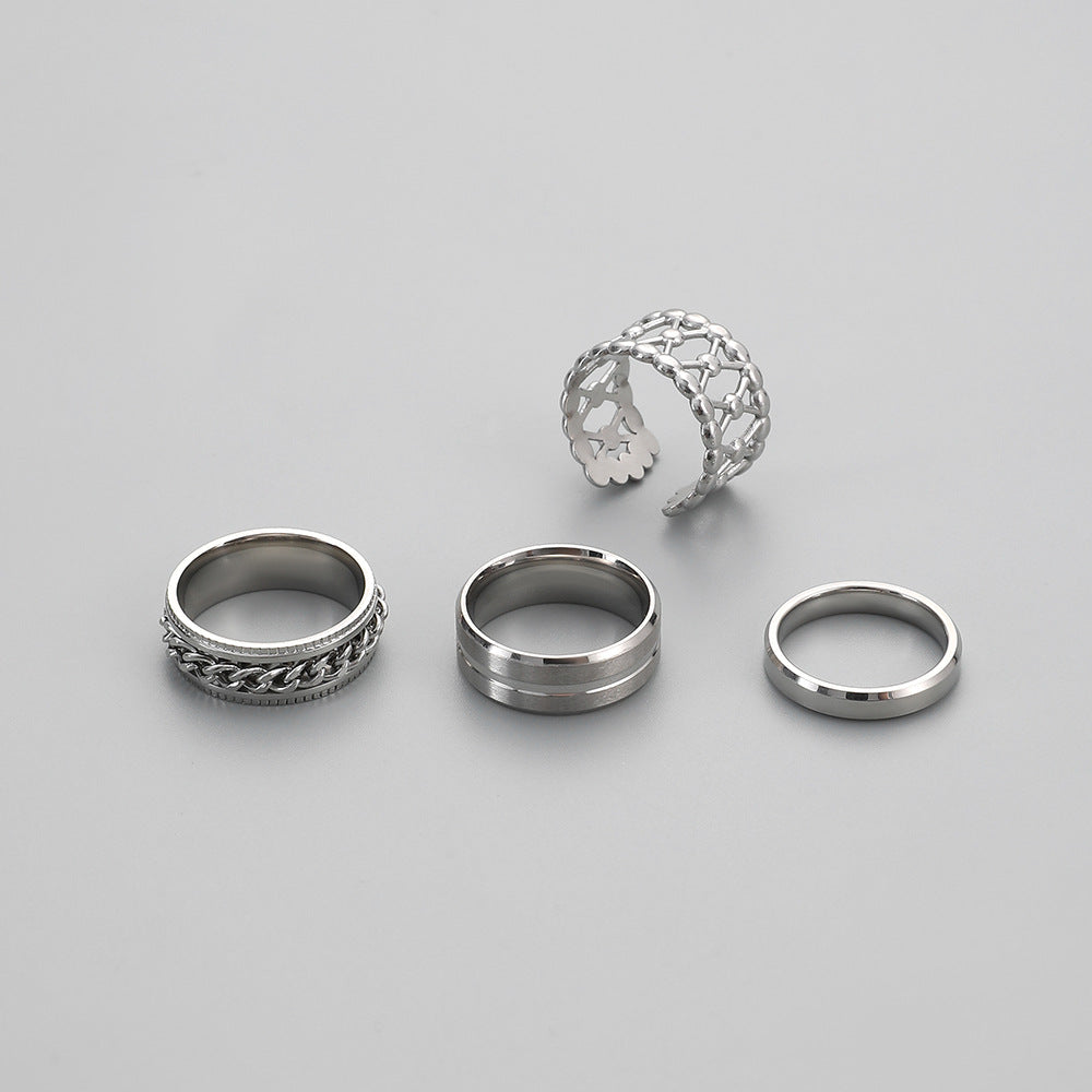 Fashion Simple Domineering Personality Trend Men's Stainless Steel Chain Stripe Black Drip Oil Ring Set Decoration