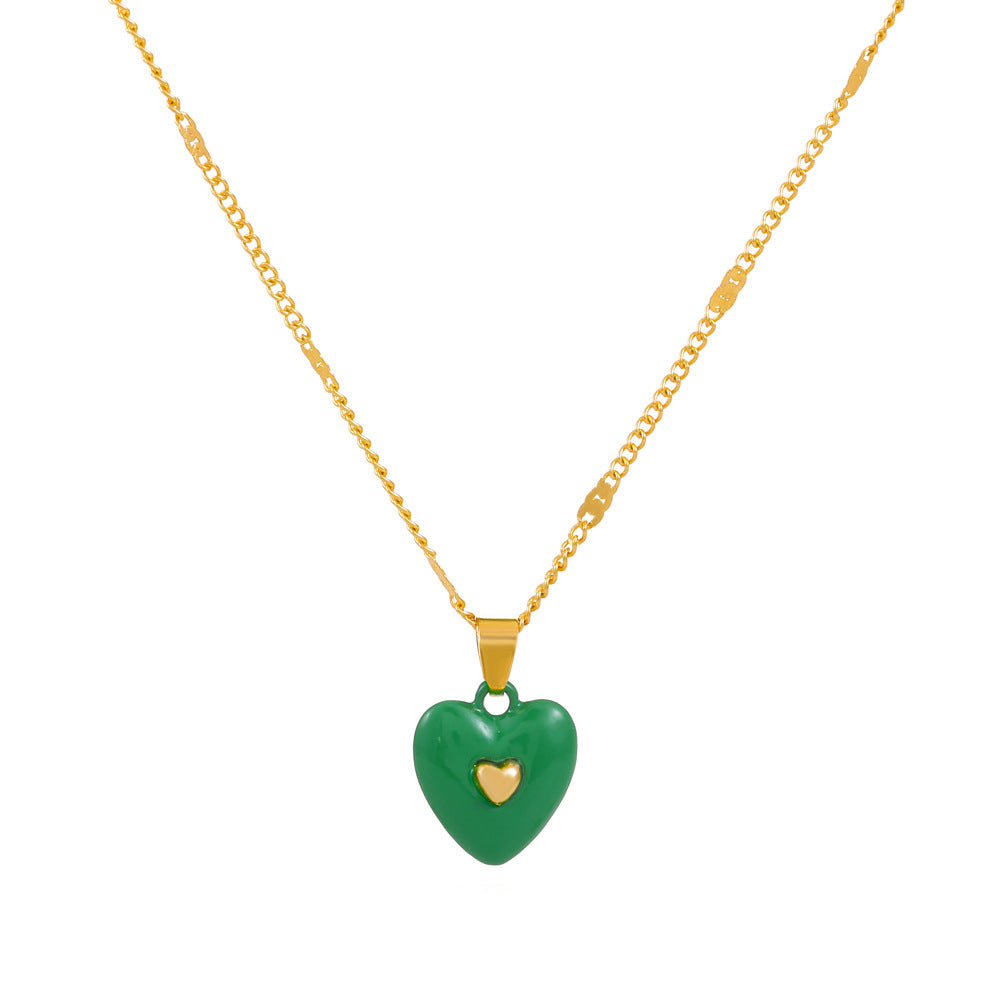 Fashion enamel dripping oil double love necklace French light luxury inlaid peach heart pendant clavicle chain simple necklace