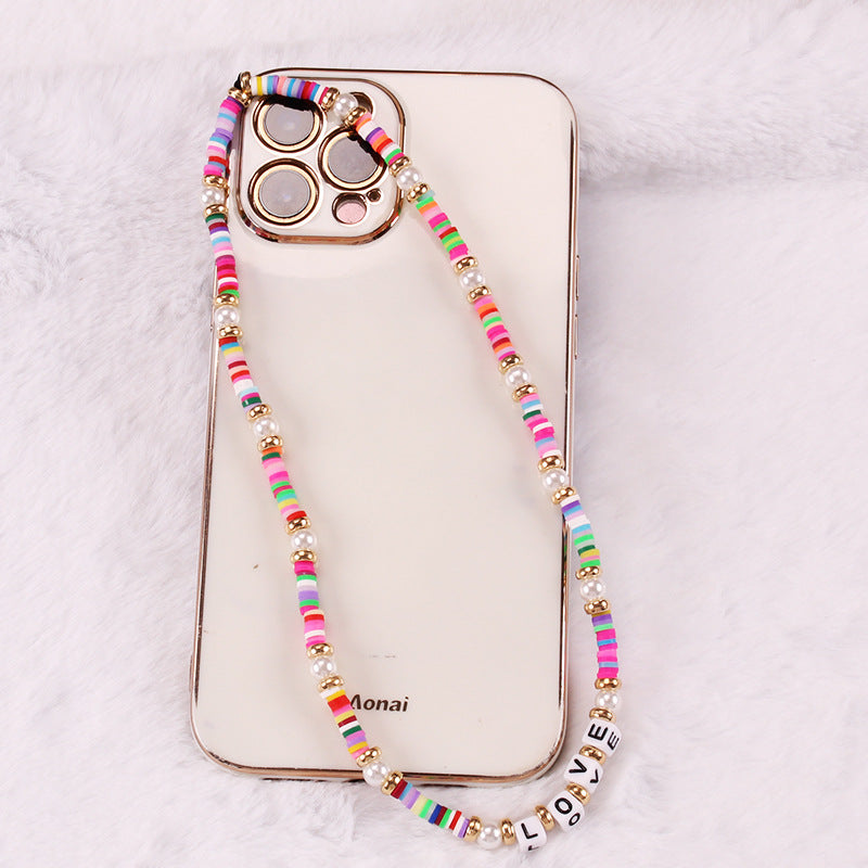 Simple Bohemian soft pottery peach heart mobile phone lanyard mixed color beads mobile phone chain female ornament