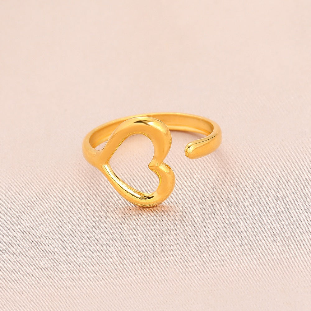 Fashion personality adjustable love stainless steel open ring simple feather leaf heart-shaped ring jewelry
