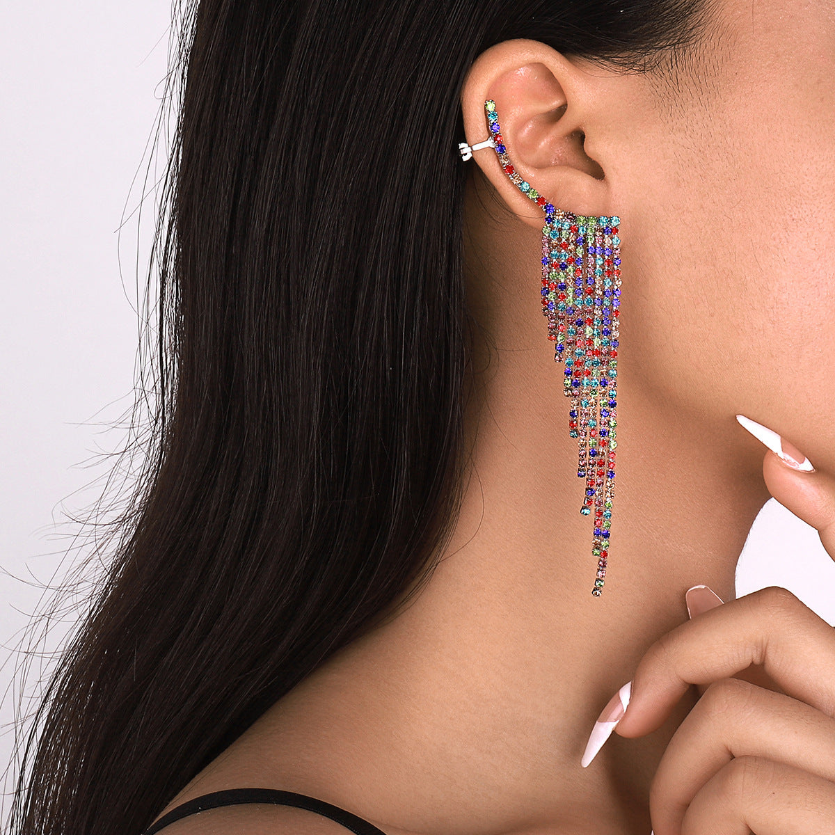 E1274 Temperament Simple Pop Earrings Net Red Tassel Rhinestone Ear Needles Geometric Banquet Exaggerated Earrings