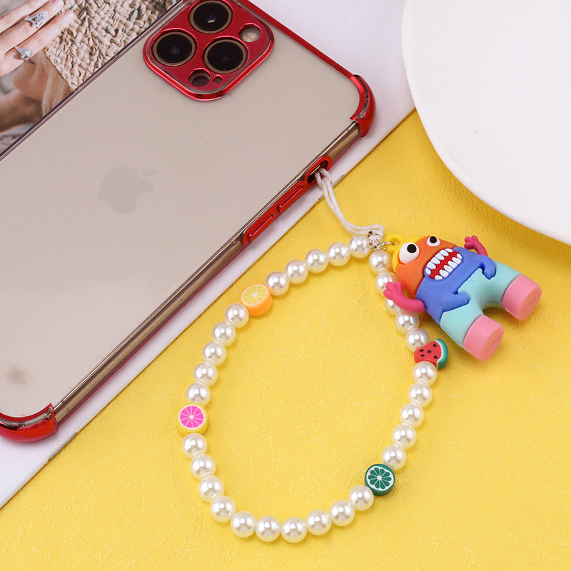 Simple monster rainbow non-slip bag chain cute cinnamon dog soft pottery mobile phone case anti-lost pendant pearl chain