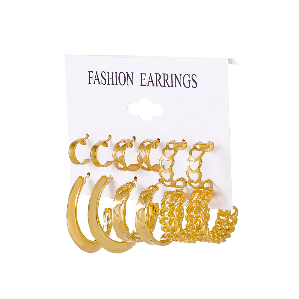 Fashionable Metal Hoop Earrings 6 Pairs Set Exaggerated Retro Geometric Earrings Versatile Earrings