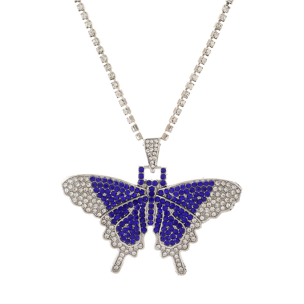 Ins full diamond Cuban butterfly necklace retro personality exaggerated butterfly pendant necklace fashion hip-hop accessories