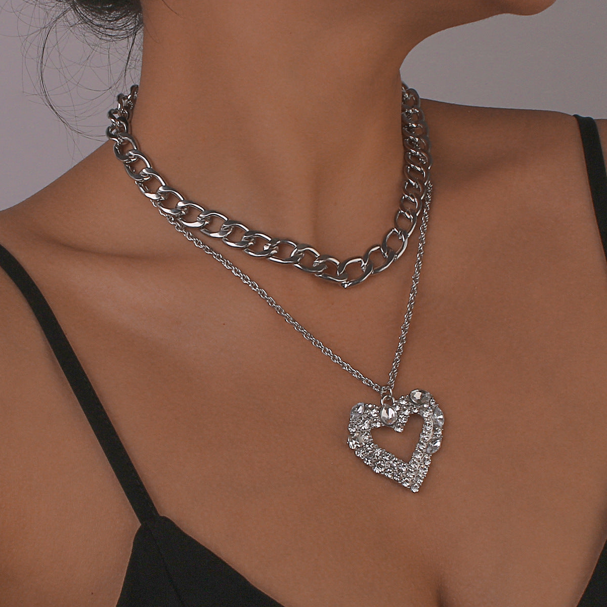 N126 Hip Hop Necklace Light Luxury Stacked Heart Rhinestone Necklace Retro Personality Cuban Chain Necklace