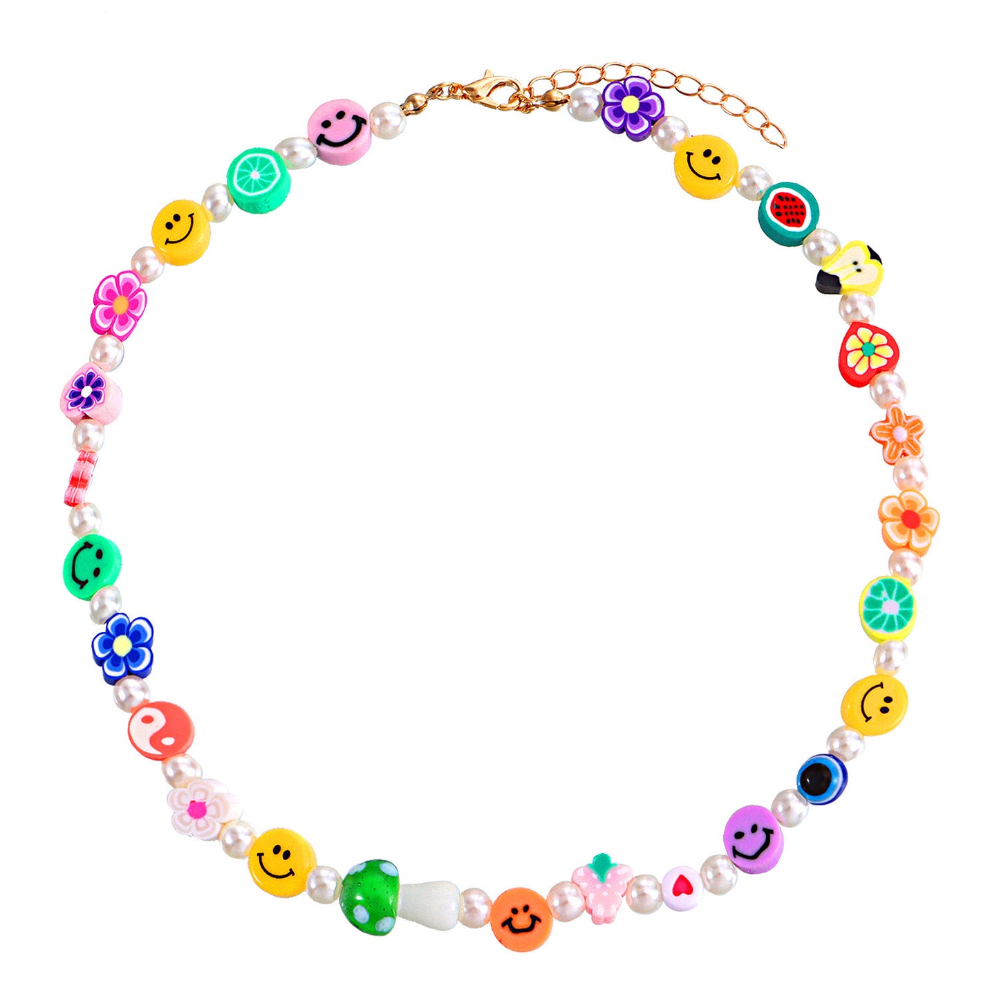 Jewelry multi-element fashion trend pearl necklace cartoon painted soft pottery fruit smiley necklace