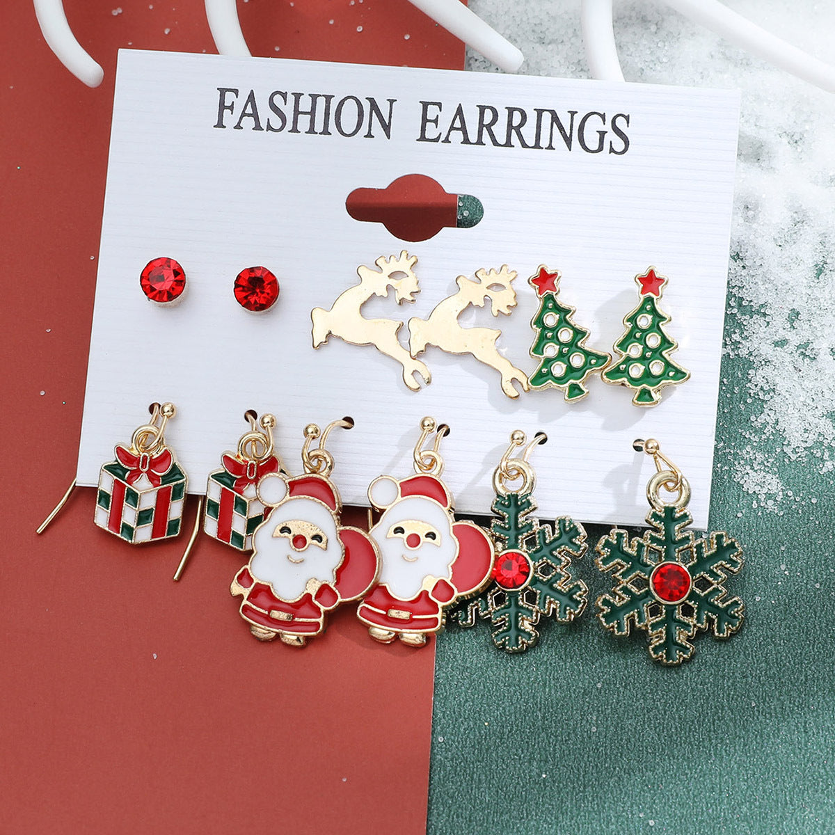 Christmas series snowflake bell earrings combination set cartoon oil dripping cane old man earrings female