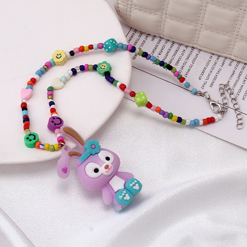 Ins niche design cartoon rainbow monster pendant rice bead necklace hip-hop all-match sweater chain trend style