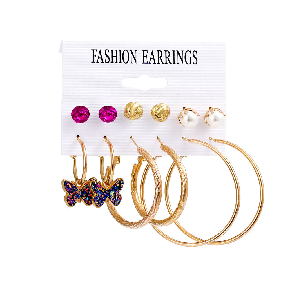 Pearl Earring Set Fashion Butterfly Earrings Metal Geometric Hoop Earrings Six-Piece Set