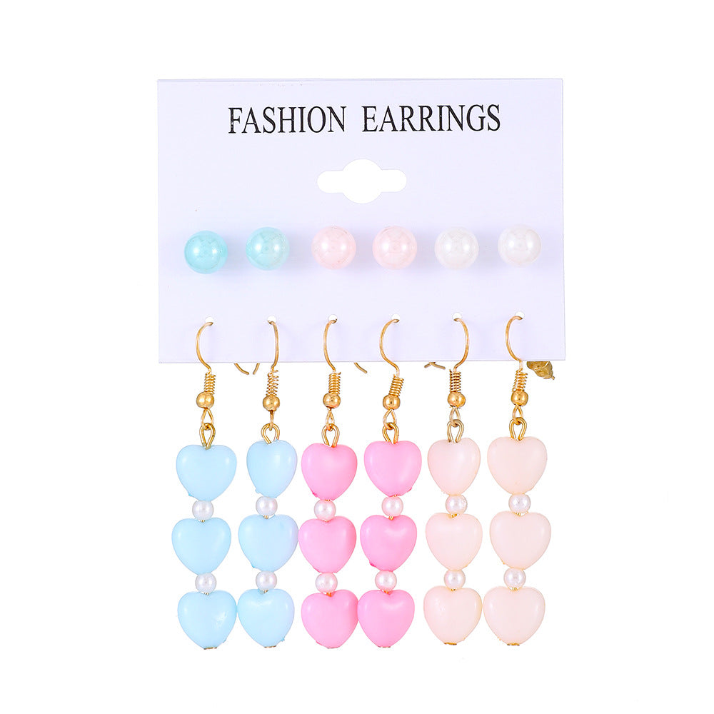 Ins color butterfly heart earring set fashion pearl flower mushroom earring six-piece set trendy