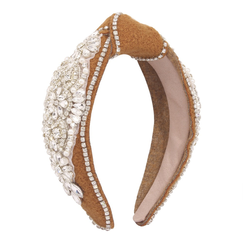 F3654 Jewelry fashion velvet knotted headband with diamonds and imitation pearl wide-brimmed French temperament headband
