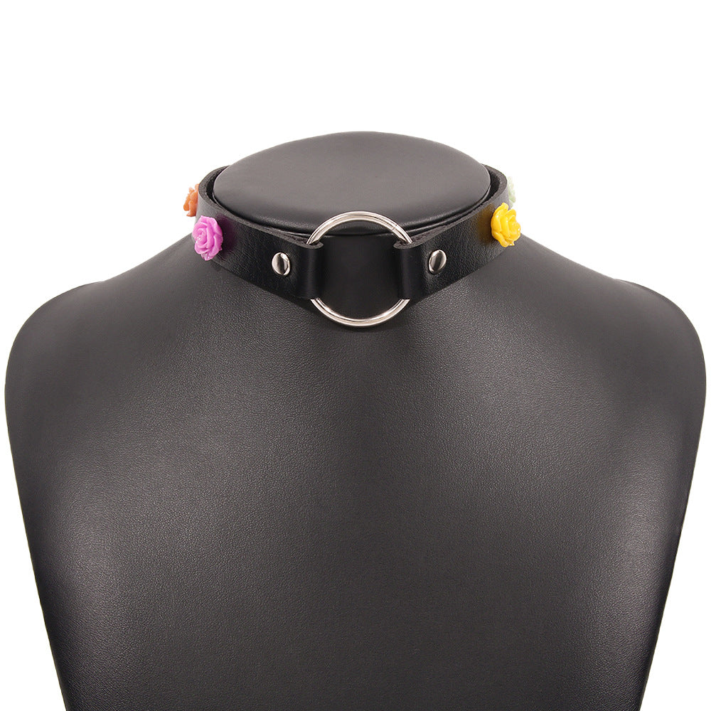 N9623 Jewelry Simple Leather Metal Buckle Collar Night Personality Flower Necklace Female